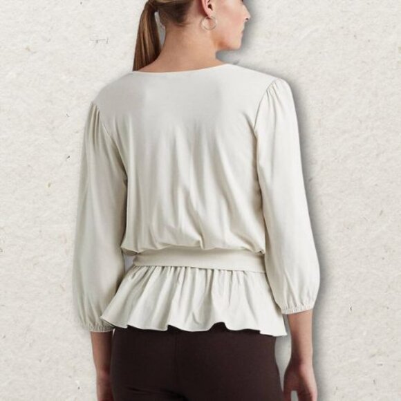 Ralph Lauren Peplum Blouse Three-Quarter Sleeve Wrap Tie Waist Size XL Cream NWT - Picture 2 of 7